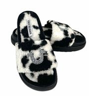 True Religion Lamia Fuzzy Slides, Cow Print Black White Size 7