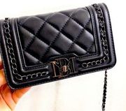 Badgley Mischka Black Vegan Leather Quilted Front Crossbody Bag on Chain Strap.