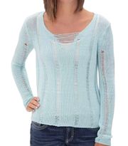 high low open weave distressed knit sweater sky blue size medium