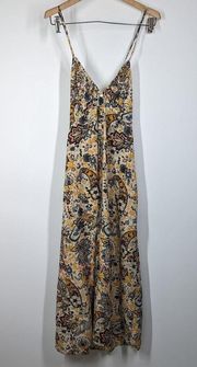 BA&SH Baila V-Neck Floral Paisley Backless Midi Dress Tan Blue Medium Preowned