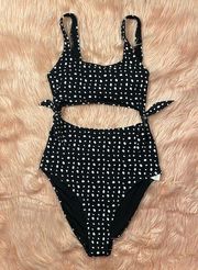 Aerie Women's One-Piece Swim Ribbed Cut Out Scoop Black/White Polka-dot