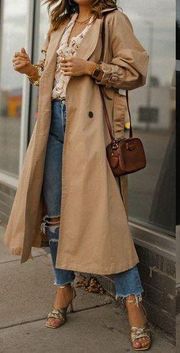 New  Khaki Beige Balloon Sleeve Pleated Trench Coat 
Style 08923950