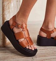 Free People Fisher Tan Brown Leather Wedge Platform Sandals Size 38 /