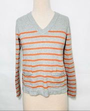 Rag & Bone V-Neck Orange and Gray Striped Sweater Cotton Cashmere Blend