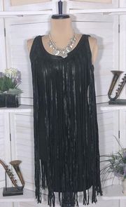 NWT Symphony black vegan leather Long fringes gothic sexy goth cocktail dress S