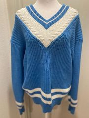 VTG Preppy Hunt Club Blue & White Striped Knitted V-Neck Long Sleeve Sweater - M