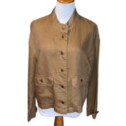 Nicole Miller New York Womens Linen Jacket Brown Snap Flap Pockets Mock Neck Med