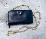 Authentic Prada Saffiano zippy mini crossbody wallet on chain navy gold