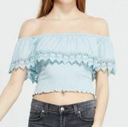 PAPER + TEE Crochet Off the Shoulder Crop Top Blue Smocked Boho Bohemian Medium