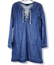 Sanctuary Size M Denim Shift Dress Lace-Up V Neck Pockets Frayed Hem Blue Cotton