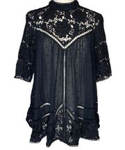 Zimmermann Caravan Embroidered Smock Black Mock Neck Top Crochet Lace sz 2 (8/M)