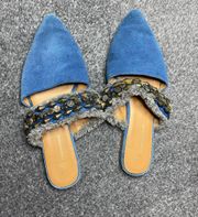 Blue Suede Embellished Slip-On Pointed Toe Mules ( 38 )