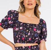 Pink/Purple Floral Print Elastic Button Cropped Top Sz M Women