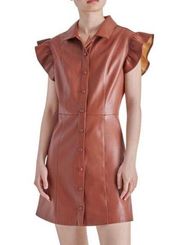 Steve Madden Lima Faux Leather Mini Dress Ruffle Sleeve Snaps Cognac Brown M