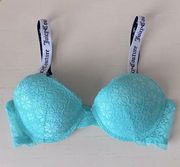 NWOT  mint teal lace push up bra logo straps