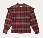 Something Navy Ruffle Sleeve Plaid Button Up Shirt in Red/ Brown L