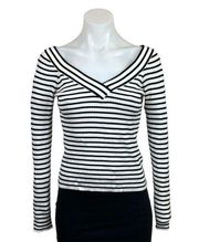 H&M  Divided Womens Black White Rib Knit V Neck Long Sleeve Striped Sweater Top S