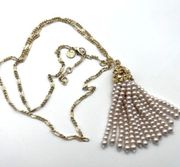 Talbots Women's Gold Tone Chain Links Pearl Tassel Pendant Necklace Gold White