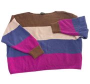 French Connection Sweater Womens Small Blue Pink Stripe Colorblock Knit Cotton