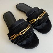 Burberry Coleford Black Italian Made Chunky Gold Chain Slip on Flat Sandals 41