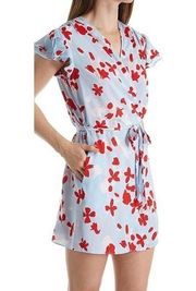Oscar de la Renta Pink Label Blue Red Floral Print Satin Wrap Dress Mini Robe S