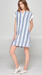 NWOT Striped Dress Sheath Shift Collared V-Neck Pockets Lined White Blue M