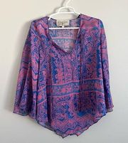 Rory Beca Blue Pink Silky Flowy Sleeve Blouse Medium