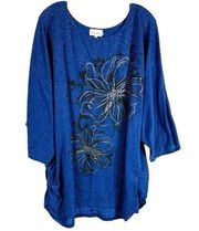 Fashion Bug Plus Size 4X Top Blue Floral Sparkly Ruched Sides Metallic 1398