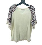 Misslook Womens Top Blouse Animal Print Shirt Frayed Sleeve Beige Brown Large