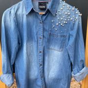 Nanette Lepore Pearl Embellished Denim shirt size small