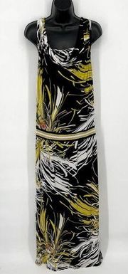 Trina Turk Tropical Floral Maxi Dress Sz 8 Black Yellow White Draped Neck Aloha