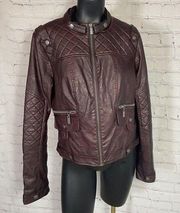 BLANC NOIR Brown Faux Leather Collarless Quilted Motorcycle Moto Jacket Large