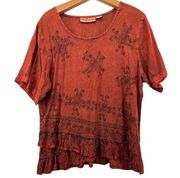 Agan Traders Womens Top Rust Red Sz XL Peplum SS Embroidered Boho Gypsy Hippie