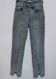 Gray Wash Denim Button Fly Super High Rise Split Hem Straight Leg Jeans