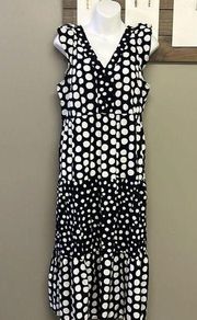 LOFT Navy White Polka Dot V-Neck Ruffled Flowy MIDI Dress- Medium