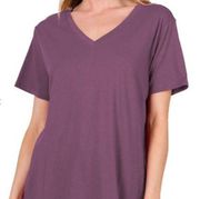 Zenana Premium Short Sleeve V-Neck Basic Tee Eggplant Small