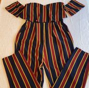 LULUMARI Off-Shoulder Sleeveless Striped Jumpsuit Jumper Size M Navy Red Gold