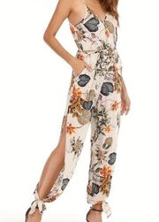 Floral Print Hollow Lounge Jumpsuit Casual Tied Long Romper Belt Loungewear 2XL