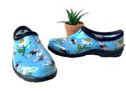 SLOGGERS Rain Clogs Womens Shoes Size 8 Blue Bumblebee Garden Flowers USA