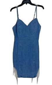 NEW Haute Monde Mini Denim Dress Rhinestone Fringe Padded Stretch Size L