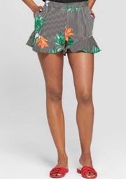 floral and stripe shorts Tropical pattern with Ruffled edges VEUC