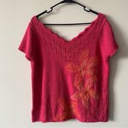 Vintage 90s Susan Bristol Crochet Knit Embellished Embroidered Bateau VNeck Top