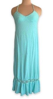 RipCurl Maxi Dress Tank Ruffle Trim Aqua Sleeveless Crochet Detail Braided Neck