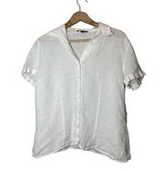 Lands End 100% Linen Button Up Shirt White Womens 14 Short Sleeve Summer Classic