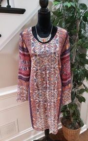 One World Women's Multicolor Sheer Long Sleeve Round Neck Knee Length Dress 1X