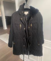 Black Fur Trimmed Quilted Coat Size Medium