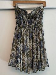 Revolve Greylin XS Strapless Sweetheart Botanical Chiffon Blue & Green Dress