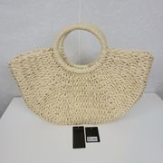 Forever 21 Womens Bag Cream Handwoven Straw Round Handle Summer Beach Hobo NEW