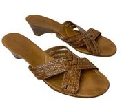 Sesto Meucci brown leather braided criss cross wedge slip on heeled sandals