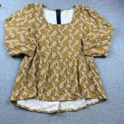 Matilda Jane Top Womens Size L Yellow Mustard Floral Puff Sleeve Ruffle Boho